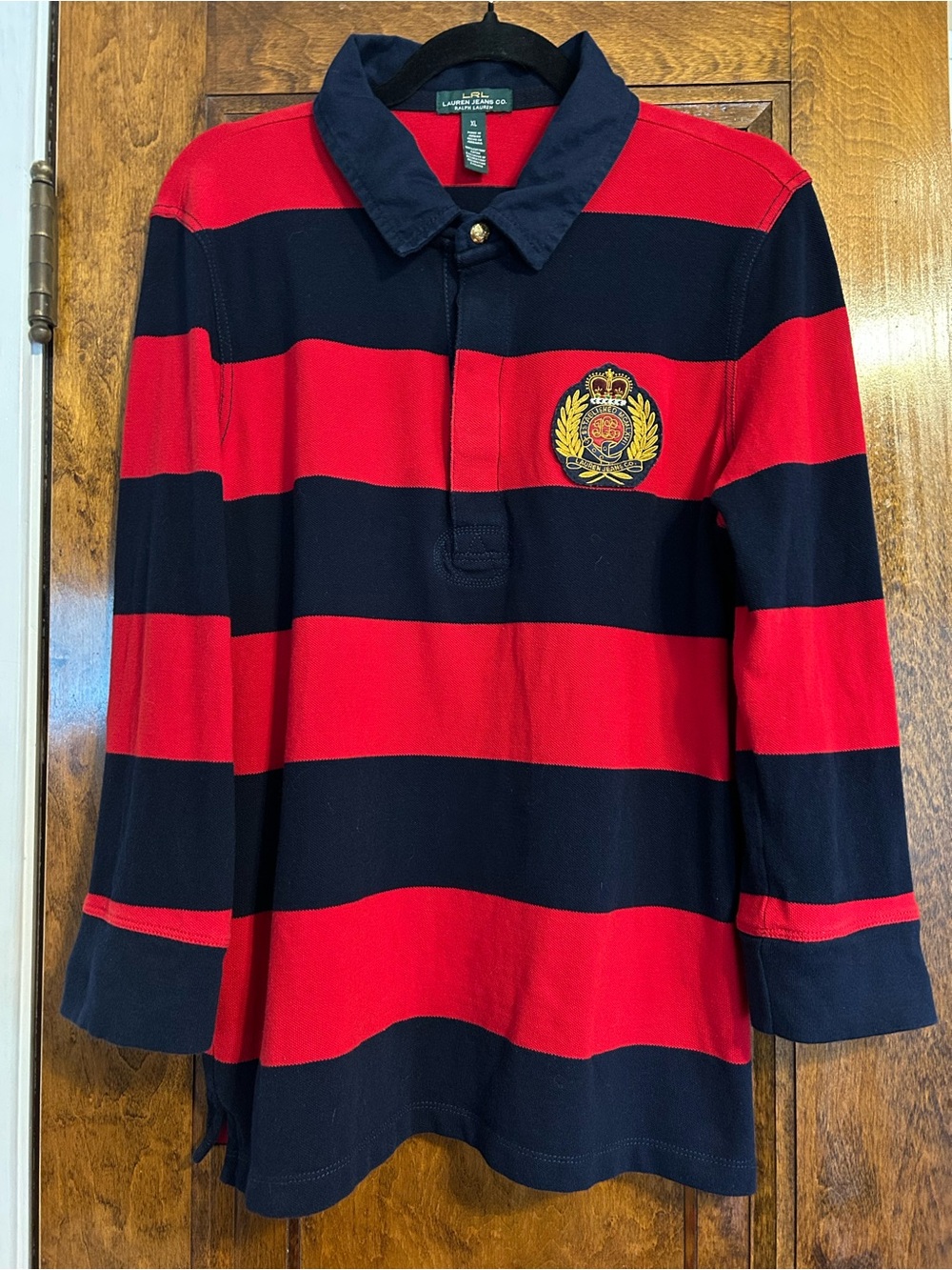 Ralph Lauren Red & Navy Striped Rugby Polo 1990s, GREAT condition fits like M/L